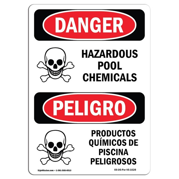 Safety Sign, OSHA Danger, 5" Height, Hazardous Pool Chemicals Spanish, 10PK